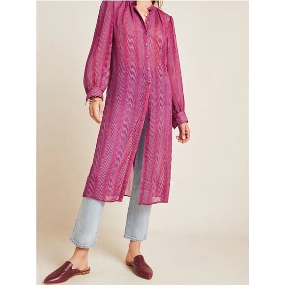 ANTHROPOLOGIE MAEVE IMOGEN SHEER DUSTER TUNIC MIDI DRESS TOP SHIRT PURPLE 12 - Picture 1 of 10